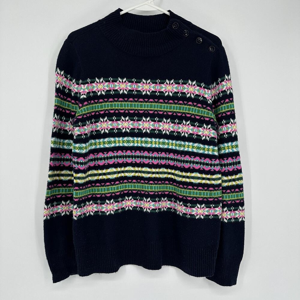 Talbots Sweater Womens Small Navy Fair Isle Mock Neck Button Shoulder Pullover